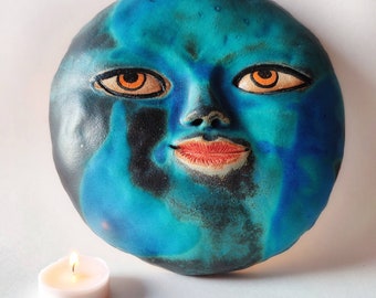 Big moon face, ceramic wall art, indoor and outdoor decor, handcrafted unique piece, stoneware clay moon, lunar wall pendant,