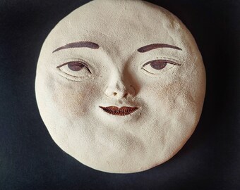 Big ceramic moon wall hanging, ready to hang, full moon with a cute face, wall decor, original ceramics