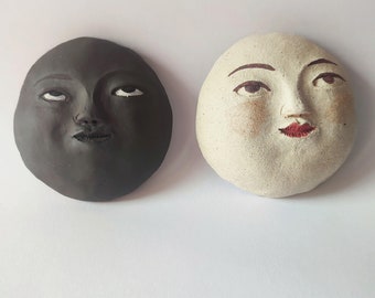 Set of two moons, white ceramic full moon and black new moon with cute faces, wall decor, witchy gift, original gift, yin and yang moons