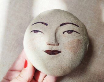 Full moon with a cute face, handmade ceramics, wall decor, lunar accent, full moon face, ready to hang, original art