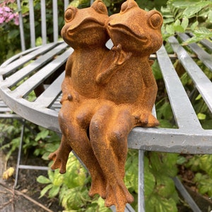 May include: Two rusty brown metal frogs sitting on a metal bench. The frogs are facing each other and appear to be hugging. The frogs are a garden decoration.