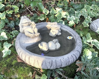 Reconstituted Stone Garden Log Style Bird Bath Top & Frog Family / Feeder Dish Ornament