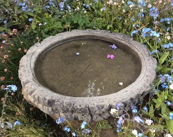 Op de afbeelding: Een grijs stenen vogelbad met een ruwe textuur, gevuld met water en een paar blauwe en roze bloemblaadjes die op het oppervlak drijven. Het vogelbad is omgeven door een bed van blauwe en witte bloemen.