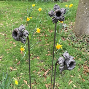 Set of 3 Rusty Metal Daffodil Flower Plant Supports / Stands Garden - Steel