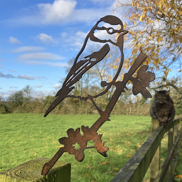 Metal Bluetit Bird Silhouette Garden Art Tree Fence Spike Ornament