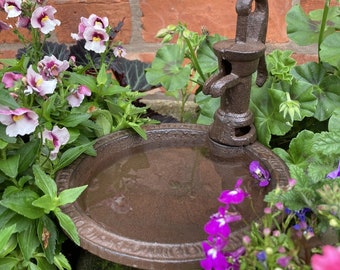 Op de afbeelding: Een kleine gietijzeren vogelbad met een miniatuur waterpomp. Het vogelbad is omgeven door levendige bloemen in roze, paarse en witte tinten, tegen een rode bakstenen muur. De pomp is donkerbruin van kleur.