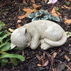 May include: A stone cat sculpture in a curled sleeping position. The cat is a light gray color and rests on a bed of mulch and leaves, surrounded by green plants. The sculpture is detailed and realistic.