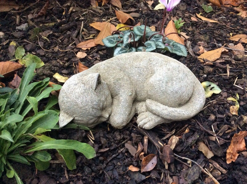 May include: A stone cat sculpture in a curled sleeping position. The cat is a light gray color and rests on a bed of mulch and leaves, surrounded by green plants. The sculpture is detailed and realistic.