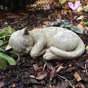 May include: A gray stone cat sculpture in a curled sleeping position. The cat's eyes are closed, and its paws are tucked in. The sculpture is surrounded by mulch, leaves, and green plants. A pink flower is visible in the background.