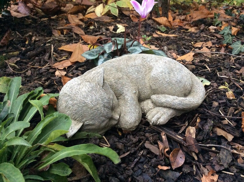 May include: A stone cat sculpture in a curled sleeping position, nestled among mulch and greenery. The cat is a light gray color, with detailed fur texture. A pink flower and green foliage are in the background.
