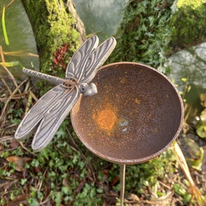 May include: A rusty metal bird bath with a dragonfly design. The bath is on a metal stake and is surrounded by green foliage.