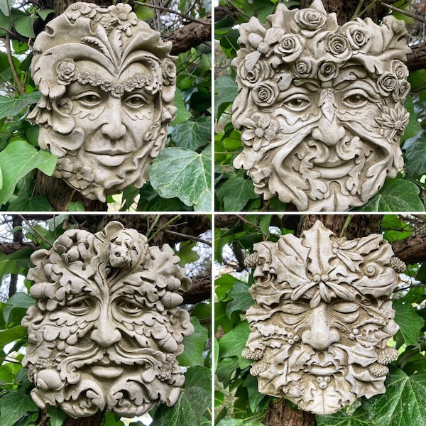 Reconstituted Stone Garden Set of 4 Seasons Green Men / Lady Face Wall Plaques