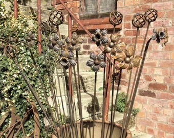 Rusty metal garden 1 metre flower stakes - choose selection poppy, rose