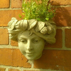 May include: A stone planter shaped like a woman's head with a leafy green plant growing out of the top. The planter is a light beige colour and has a detailed design.