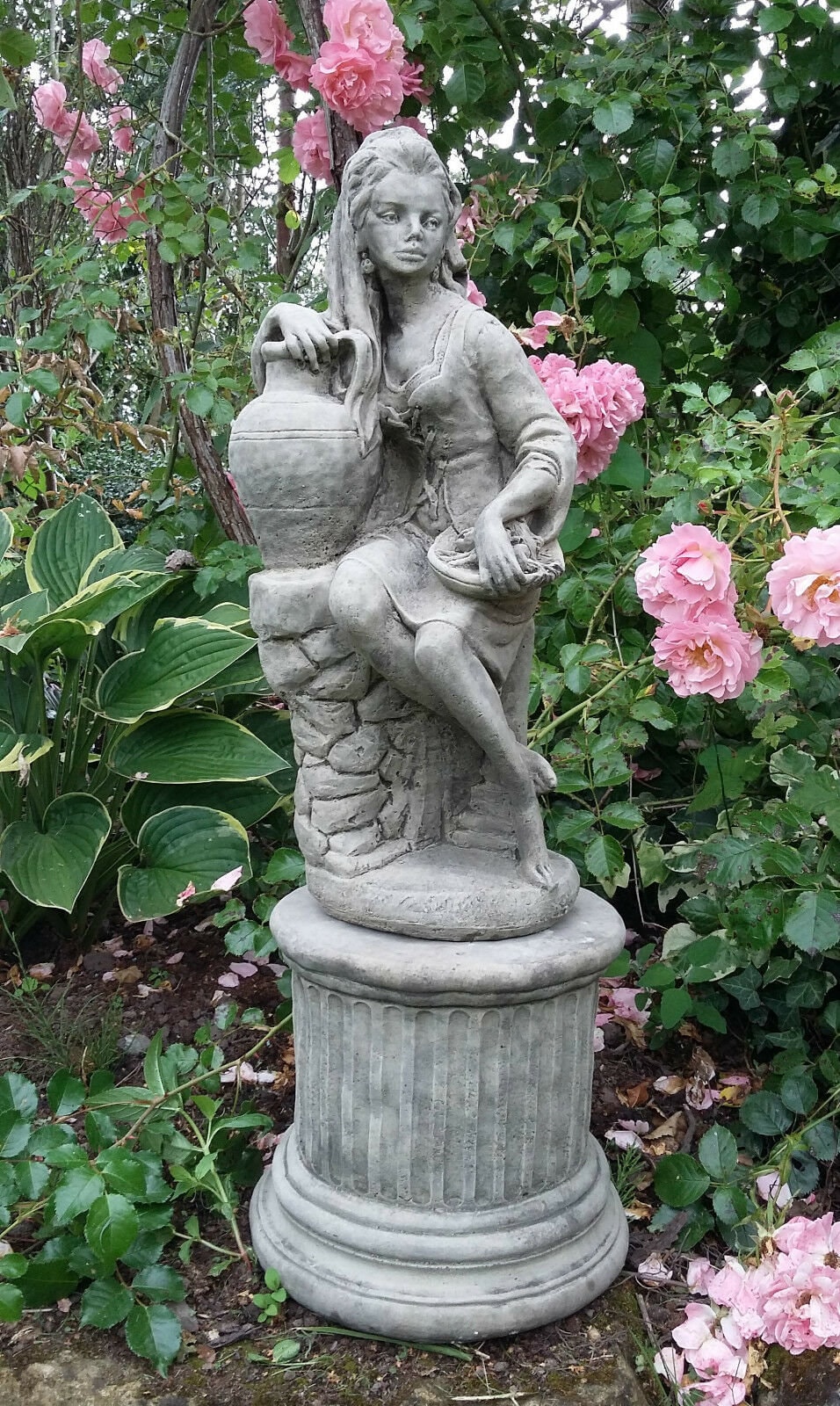 Reconstituted Stone Garden Lady With Urn Statue on Plinth - Etsy UK