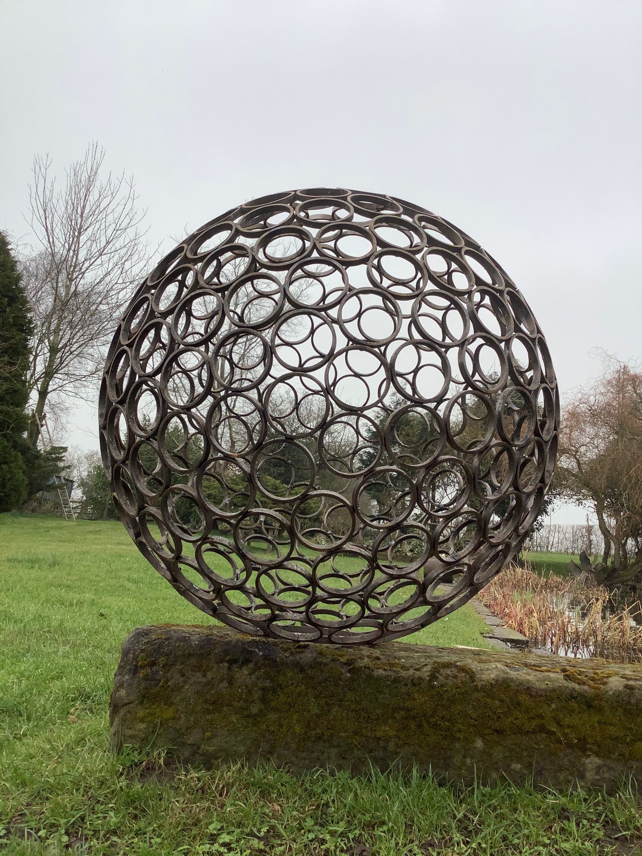 Large Bronze Ribbon Sculpture, Metal Garden Statue, Gazing Ball Sphere,  Luxury Modern Yard Figurine, Patio Ornaments 