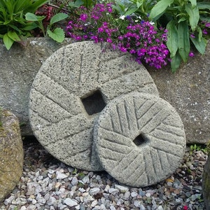 Reconstituted Stone Pair of Rustic Millstone Garden Ornaments