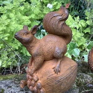 May include: A rusty brown cast iron squirrel figurine perched on top of a large acorn. The squirrel has a bushy tail and is sitting on its haunches.