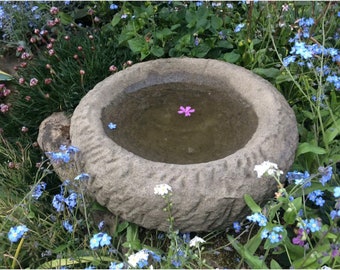 Op de afbeelding: Een stenen vogelbad met een getextureerd oppervlak, gevuld met water en een enkele roze bloem die in het midden drijft. Het bad wordt omringd door een verscheidenheid aan blauwe en witte bloemen.