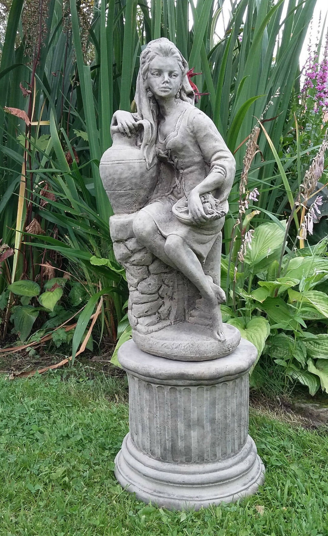 Reconstituted Stone Garden Lady With Urn Statue on Plinth - Etsy UK