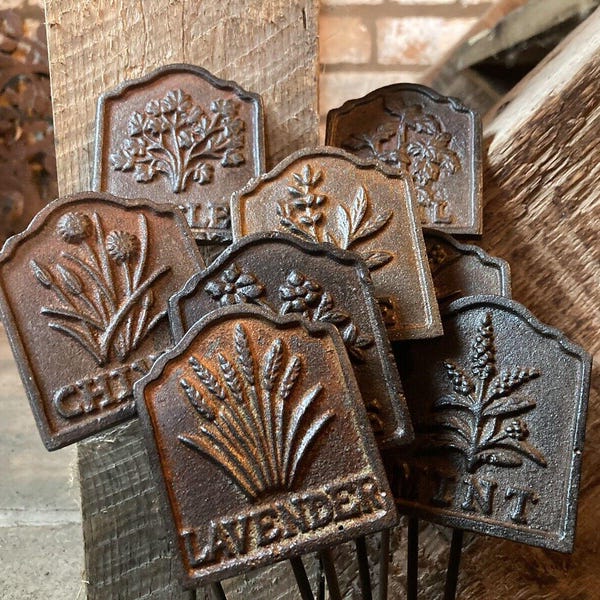 Set of 8 cast iron herb signs / stakes garden ornaments