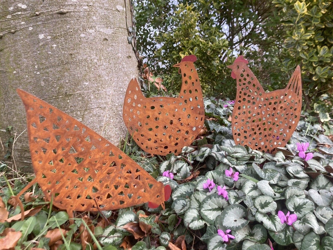 Rusty Chicken Set of 3 Metal Rusty Chicken Hen Silhouette Garden Art Stakes / Spikes ...