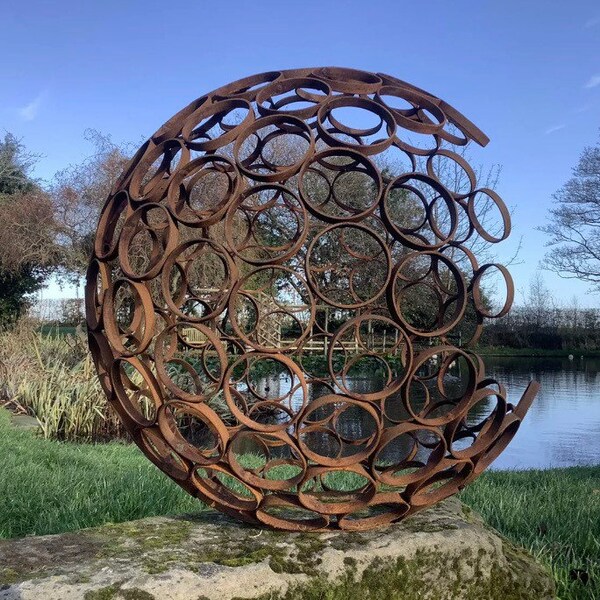 Large Metal Rusty Garden Modern Art Decorative Open  Sphere Ornament - Steel