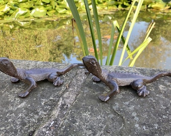 May include: Two cast iron lizard figurines, one facing left and one facing right, are placed on a gray stone surface. The lizards are a dark brown color and have detailed features.