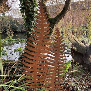 May include: Two large, rust-coloured metal fern sculptures in a garden. The detailed cut-out designs mimic natural fern fronds. The sculptures are placed among greenery, with a pond and trees in the background.