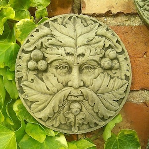 Reconstituted Stone Garden Small round Acorn Green Man Wall Plaque