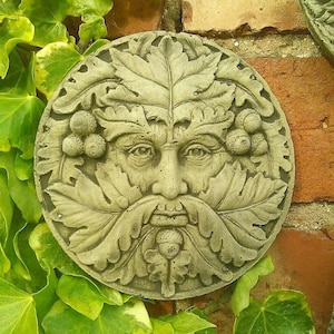 Reconstituted Stone Garden Small around Acorn Green Man Wall Plaque