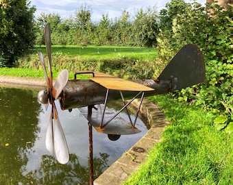 Metal Garden Rusty Aeroplane Wind Spinner Stake