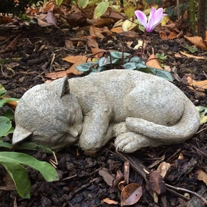 May include: A gray stone cat sculpture in a curled sleeping position. The cat is lying on a bed of mulch and fallen leaves, with green plants and a pink flower in the background. The sculpture has detailed features.