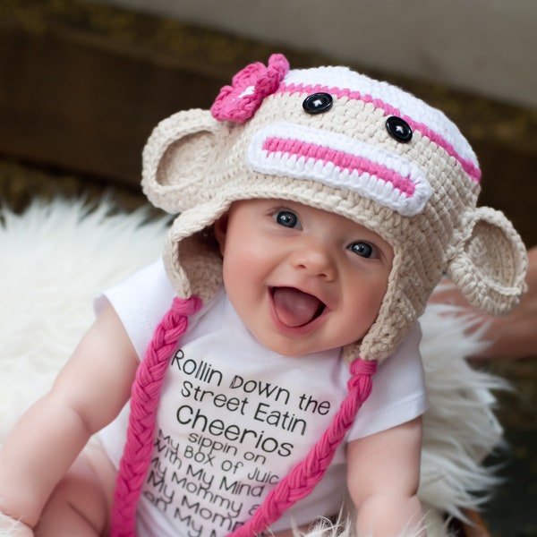 End of the season closeout! All cotton handmade crochet sock monkey hats - varies styles and sizes available inside. New born photo props
