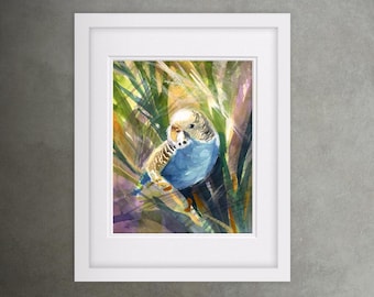 セキセイインコのアートプリント、水色のインコの水彩画 - Etsy 日本