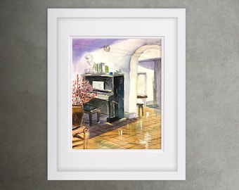 May include: Watercolor painting of a room with a piano. The black piano is in the center, with a small bench in front. A bust and books sit on top. A potted plant with red branches is to the left. The room has an arched doorway.