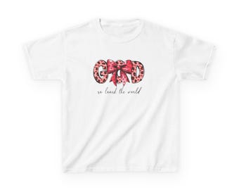 Camiseta para niños con fuente de guepardo y lazo, Dios amó tanto al mundo, camiseta para jóvenes, top para niños, linda camiseta con estampado de animales, regalo para niñas