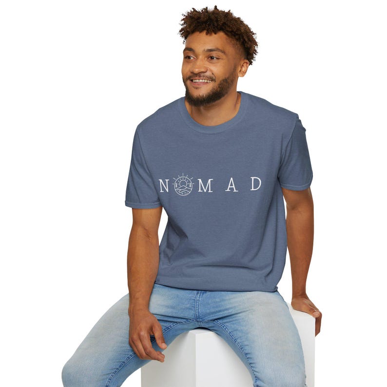 Minimalist Nomad T-Shirt, Unisex Softstyle Wanderlust Tee, Mountain Trail Graphic Shirt for Outdoor Adventure & Travel image 1
