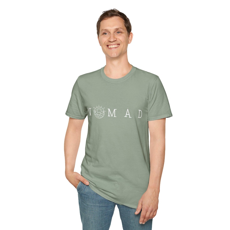 Minimalist Nomad T-Shirt, Unisex Softstyle Wanderlust Tee, Mountain Trail Graphic Shirt for Outdoor Adventure & Travel image 10