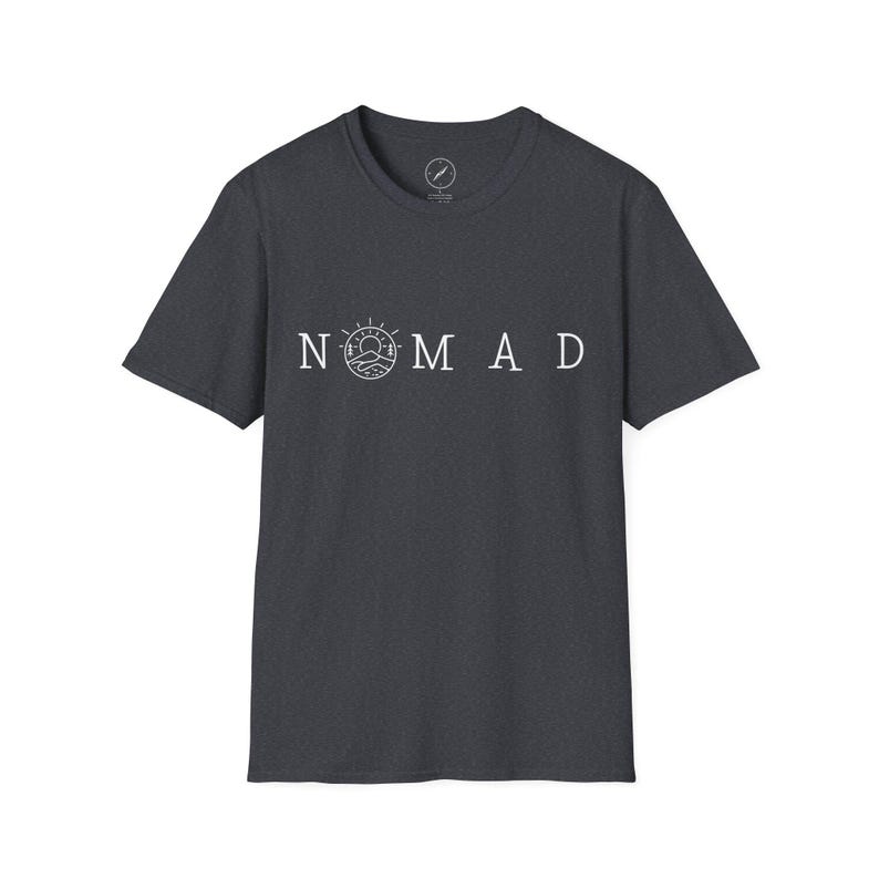 Minimalist Nomad T-Shirt, Unisex Softstyle Wanderlust Tee, Mountain Trail Graphic Shirt for Outdoor Adventure & Travel image 5