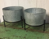 Set Of 2 Silver Galvanized Round Metal Planters On Stand Modern Farmhouse Industrial