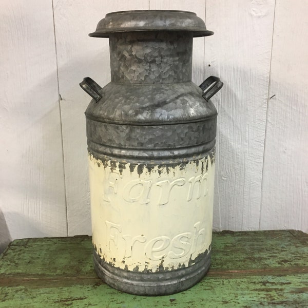 Galvanized Metal Farmhouse Milk Can Farm Fresh Decor White Washed Rustic Shic 15”