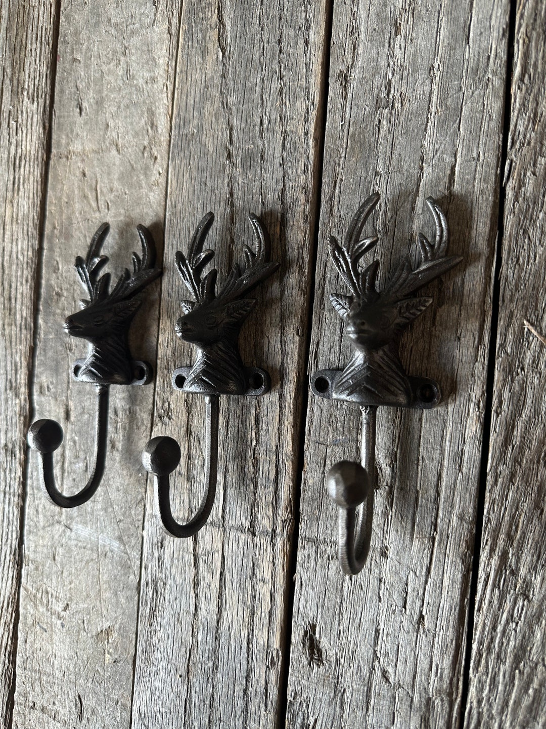Set of 3 Cast Iron Deer Head Hooks Entryway Hangers Towel Coat Hat Stag