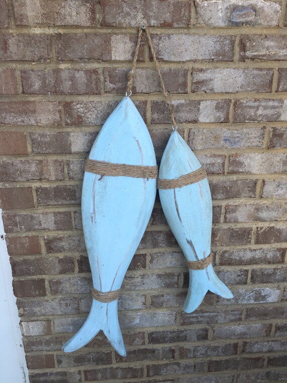 Set of 2 Large Hanging Blue Wooden Fish Wall Art Home Decor Etsy