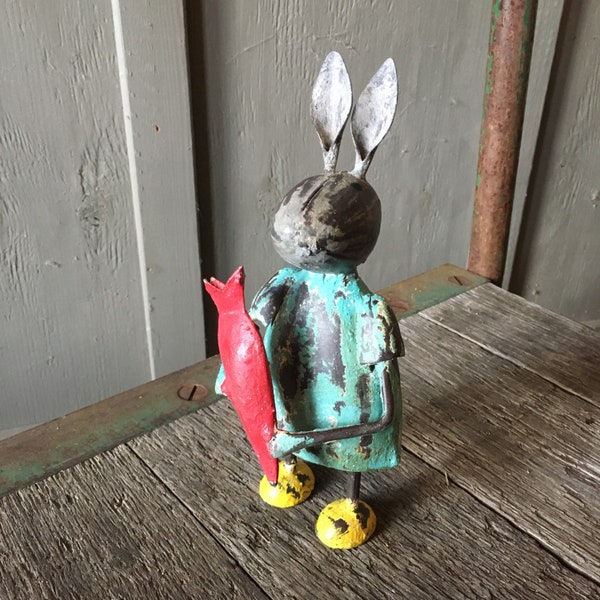 Cute Small Hand Painted Metal Bunny Rabbit Statue Figurine Distressed Weathered Tin Toy Carrot Figurine