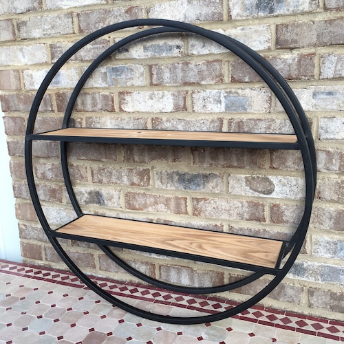 Round Hanging Wall Shelf 2 Level Wooden Black Metal Modern