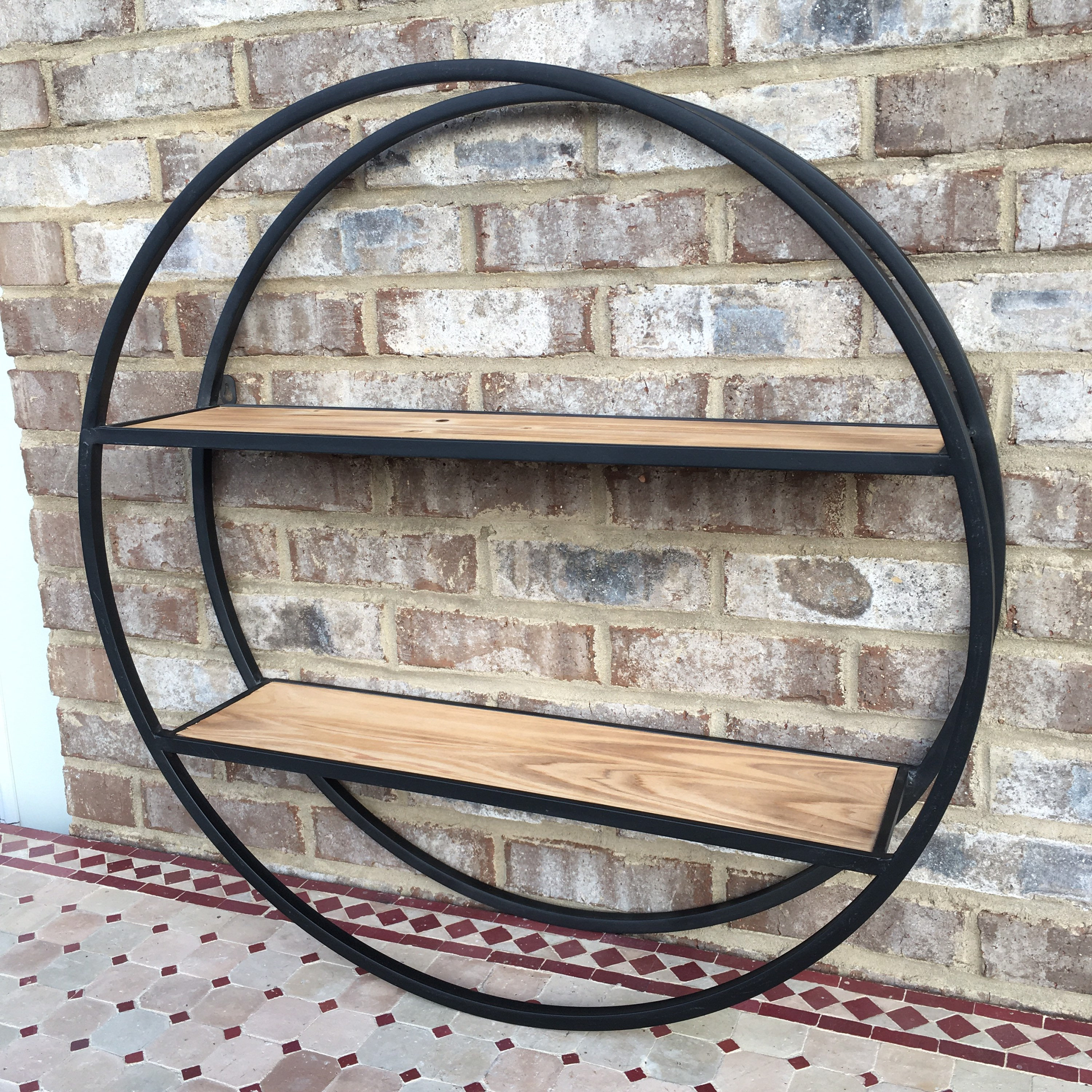 Round Hanging Wall Shelf 2 Level Wooden Black Metal Modern Farmhouse Boho