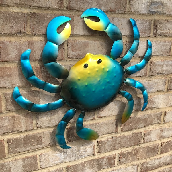 Large 19” Blue Metal Crab Wall Art Tropical Sculpture Garden Home Decor