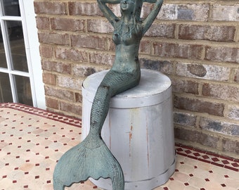 Large 25” Cast Iron Nautical Sitting Mermaid Statue Sitting Blue Beach House