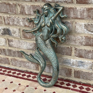 Large 17” Cast Iron Nautical Mermaid Plaque Wall Hanging Rustic Verdigris Green Blue Beach House